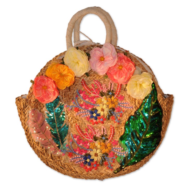 Korbtasche, Badetasche, Flower Power, natur, reichlich bestickt, Blumendeko, gefüttert