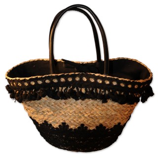 Korbtasche, Badetasche Sevilla, natur, Spitze schwarz, Rückseite uni