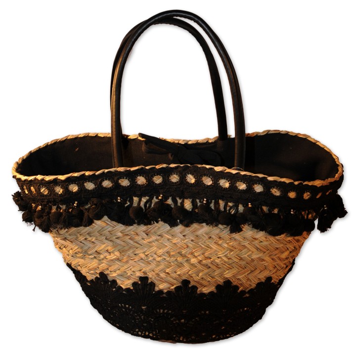 Korbtasche, Badetasche Sevilla, natur, Spitze schwarz, Rückseite uni