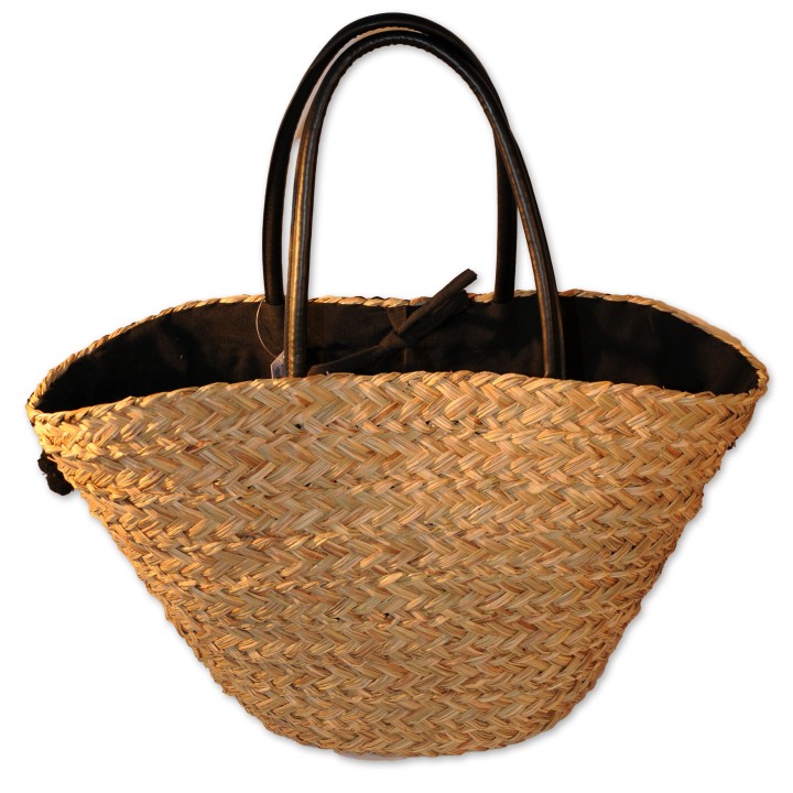 Korbtasche, Badetasche Sevilla, natur, Spitze schwarz, Rückseite uni