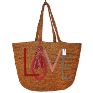 Jutetasche, LOVE, natur, bunt bestickt, Quaste groß