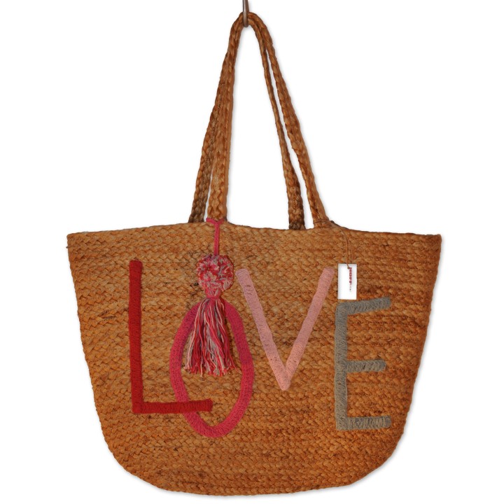 Jutetasche, LOVE, natur, bunt bestickt, Quaste groß