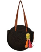 Tasche, Pompon, schwarz mit Anhänger, rund, 2 lange Träger