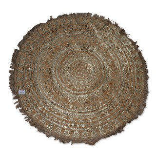 Teppich, Kreta, Jute natur, Mandala-Druck gold, rund, Fransen