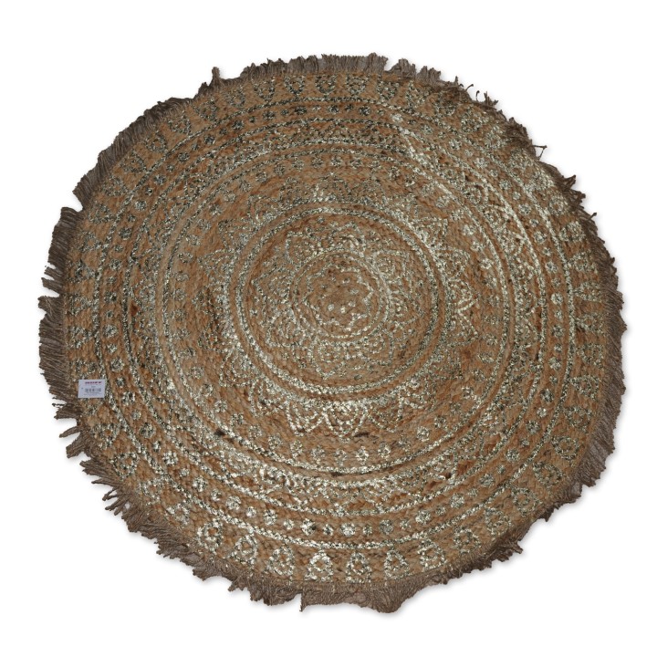 Teppich, Kreta, Jute natur, Mandala-Druck gold, rund, Fransen