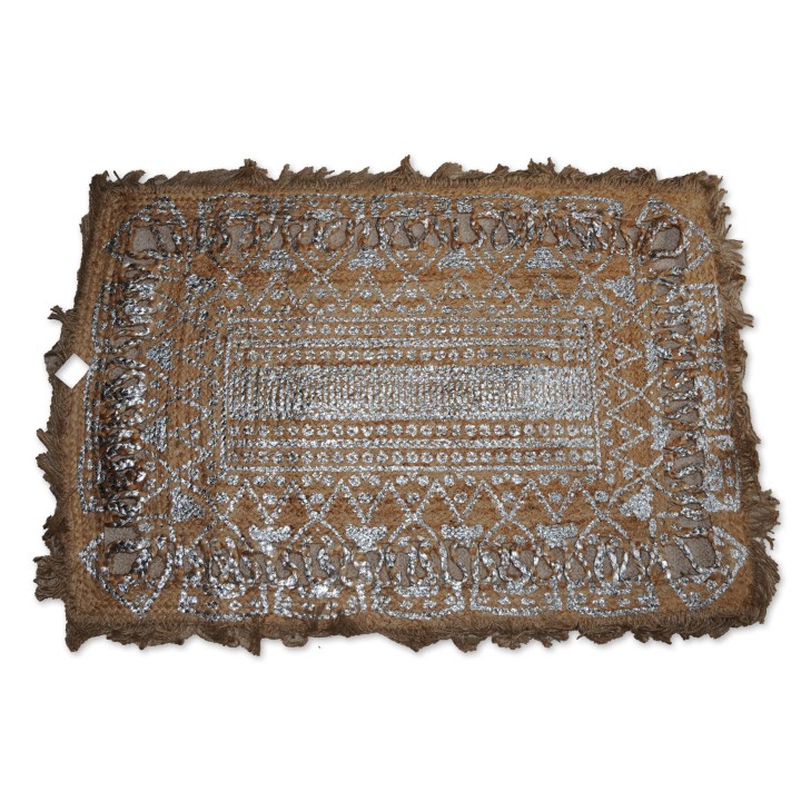 Teppich, Kreta, Jute natur, Mandala-Druck silber, Fransen, durchbrochen