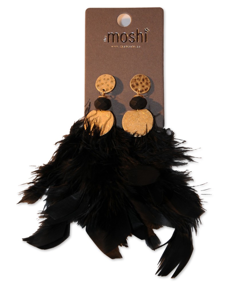 Ohrringe, Stecker, schwarz, Federn schwarz, goldfarbig antik, Scheibe, Glasperle schwarz