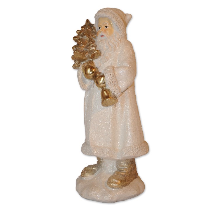 Weihnachtsmann mit Baum, weiß/gold multicolor, stehend, Glitzereffekt, Polyresin