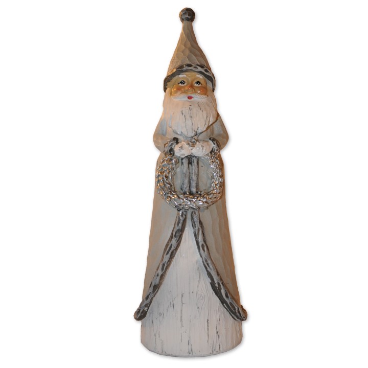 Weihnachtsmann mit Kranz, grau/weiß/silber, Polyresin
