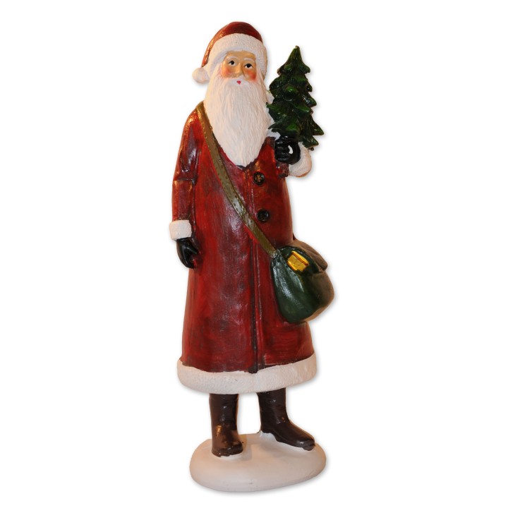 Weihnachtsmann mit Baum, rot/weiß/grün, Polyresin