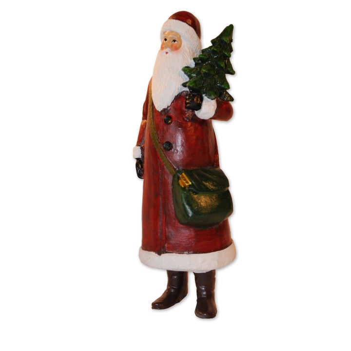 Weihnachtsmann mit Baum, rot/weiß/grün, Polyresin