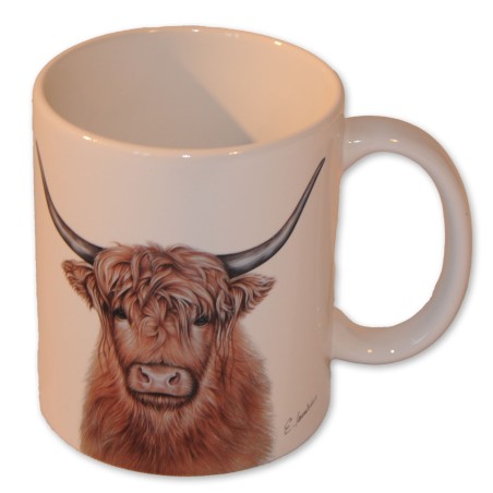 Tasse, Hochlandrind, Steingut, weiß, Höhe 10 cm, Durchmesser 8 cm