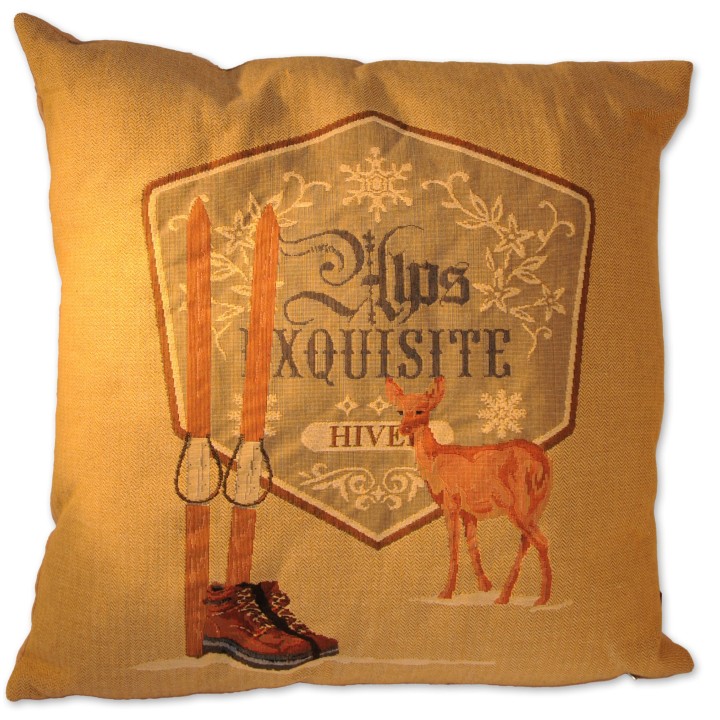 Motivkissen, beige, Ski/Reh/Schrift Alps, Gobelin, 45x45 cm