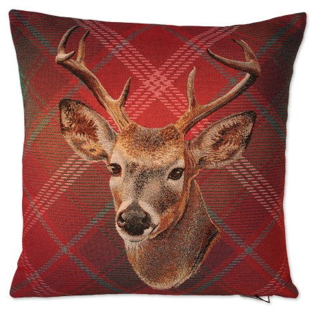 Kissenhülle, rotkariert, Hirschkopf, beidseitig, 45x45 cm