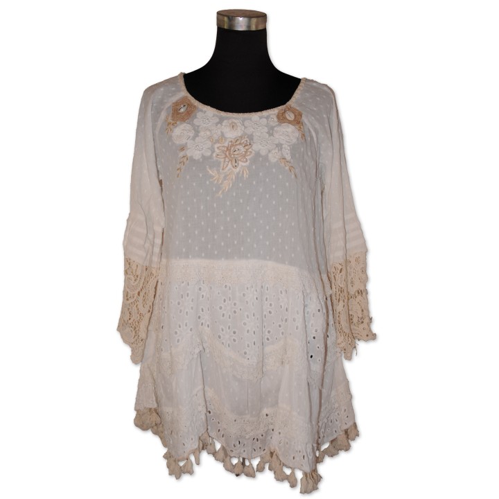 Tunika, weiß/creme, 100% Baumwolle, Lochstickerei, Gr. M/L