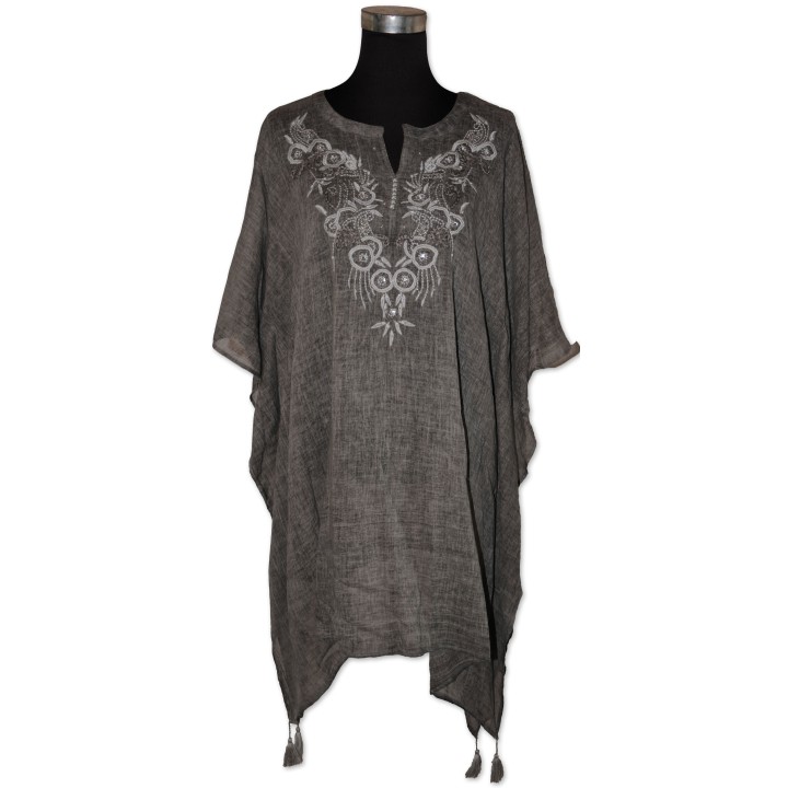 Tunika, antrazith/hellgrau, vorne bestickt mit Perlen, 100% Baumwolle, One Size