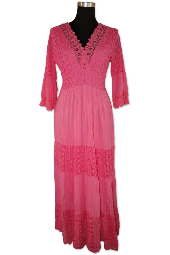 Kleid, pink uni, lang, Spitzen, One Size
