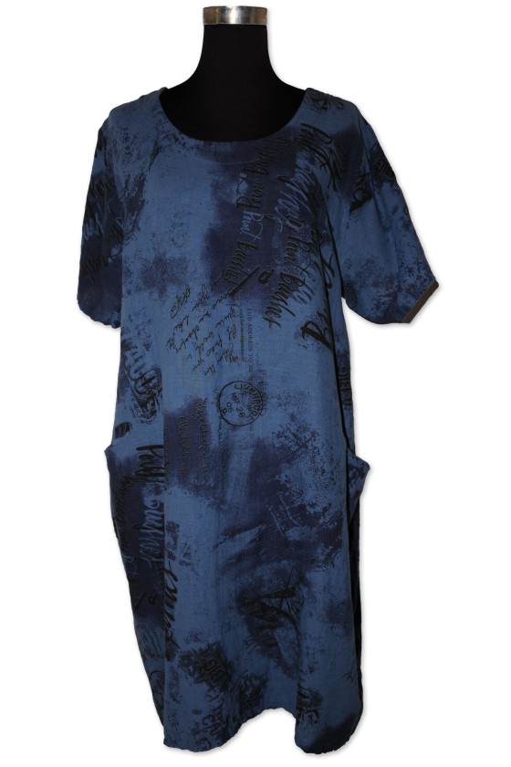 Kleid, jeansblau gemustert, 100% Leinen, One Size
