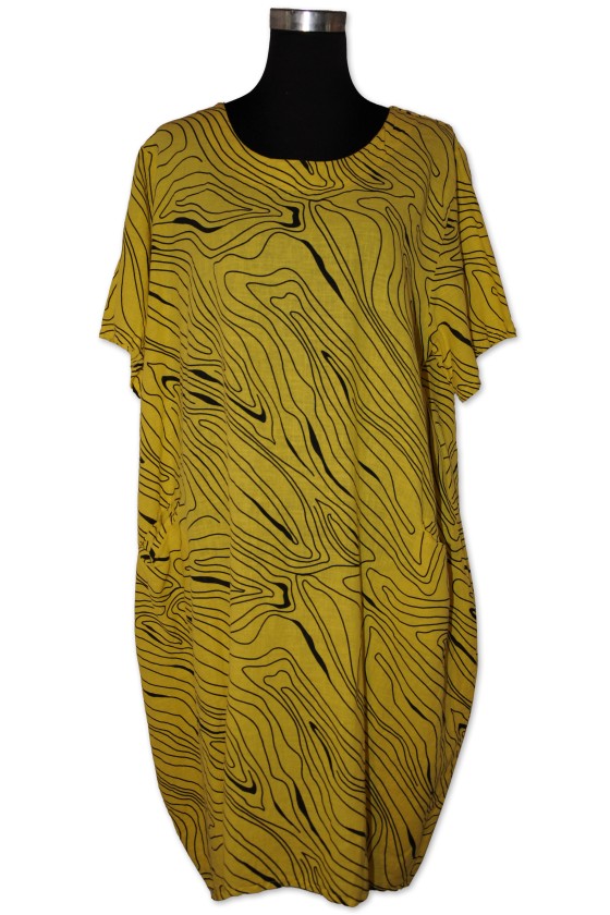 Kleid, gelb gemustert, 100% Leinen, One Size
