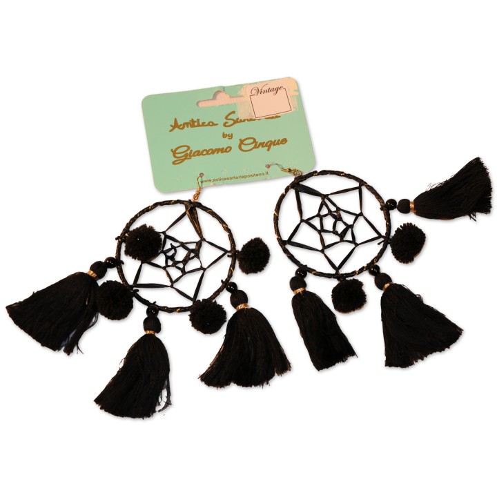 Ohrringe, Hänger, Traumfänger schwarz mit Pompons schwarz