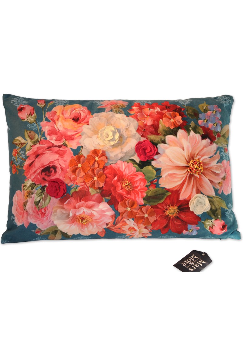 Kissen "Flowers", Vorderseite multicolor/türkis/rosa/pink, 30 x 50 cm, Samt