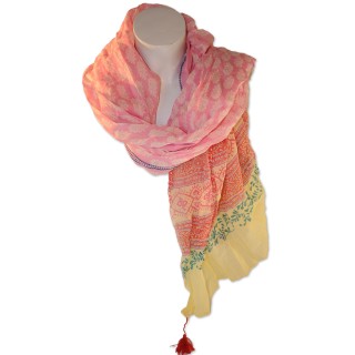 Tuch, multicolor rosa/orange/gelb gemustert, Quasten, 100% Baumwolle