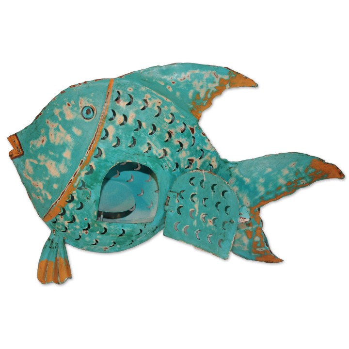 Windlicht, Fisch, Metall lackiert türkis/orange