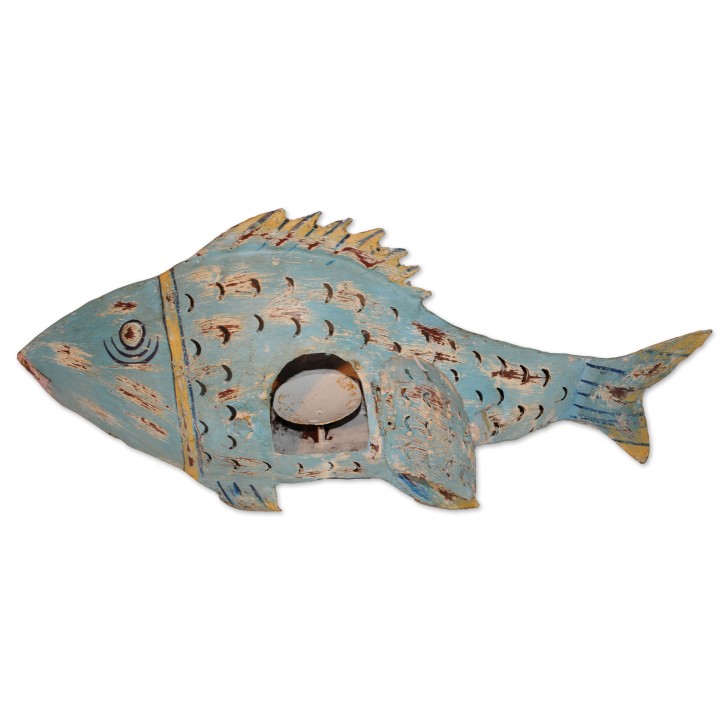 Windlicht, Fisch, Metall lackiert, hellblau