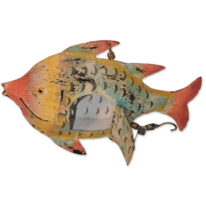 Windlicht, Fisch, Metall lackiert, türkis/orange/gelb