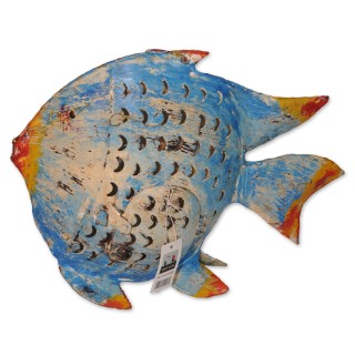 Windlicht, Fisch, Metall lackiert blau/weiß/orange/gelb