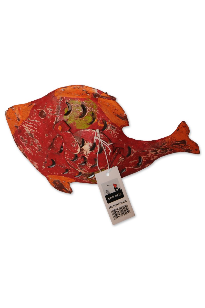 Windlicht, Fisch, Metall lackiert, rot/multicolor