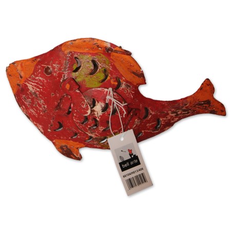 Windlicht, Fisch, Metall lackiert, rot/multicolor