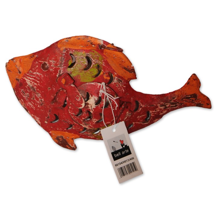 Windlicht, Fisch, Metall lackiert, rot/multicolor