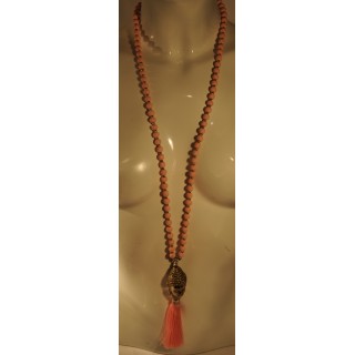 Kette, lang, Buddha-Kopf silberfarbig, Holzperlen rosa, Perlen silberfarbig, Quaste rosa,,