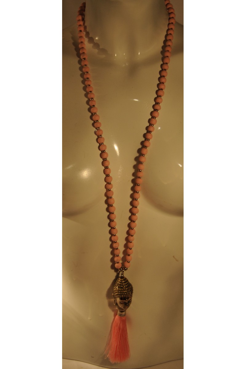 Kette, lang, Buddha-Kopf silberfarbig, Holzperlen rosa, Perlen silberfarbig, Quaste rosa,,