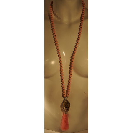 Kette, lang, Buddha-Kopf silberfarbig, Holzperlen rosa, Perlen silberfarbig, Quaste rosa,,