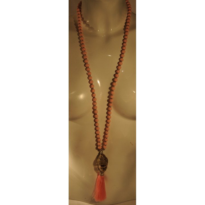 Kette, lang, Buddha-Kopf silberfarbig, Holzperlen rosa, Perlen silberfarbig, Quaste rosa,,