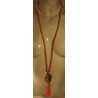 Kette, lang, Buddha-Kopf silberfarbig, Holzperlen rosa, Perlen silberfarbig, Quaste rosa,,