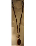 Kette, lang, Buddha-Kopf silberfarbig, Holzperlen dunkelbraun, Quaste dunkelbraun