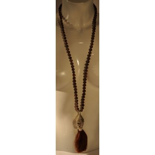 Kette, lang, Buddha-Kopf silberfarbig, Holzperlen dunkelbraun, Quaste dunkelbraun