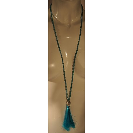 Kette, lang, Buddha-Kopf silberfarbig, Glitzersteine türkis, Quaste türkis