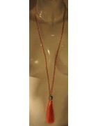 Kette, lang, Buddha-Kopf silberfarbig, Glitzersteine rosé, Quaste rosé