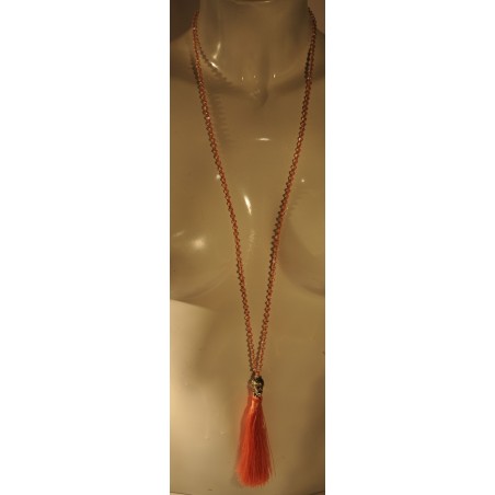 Kette, lang, Buddha-Kopf silberfarbig, Glitzersteine rosé, Quaste rosé