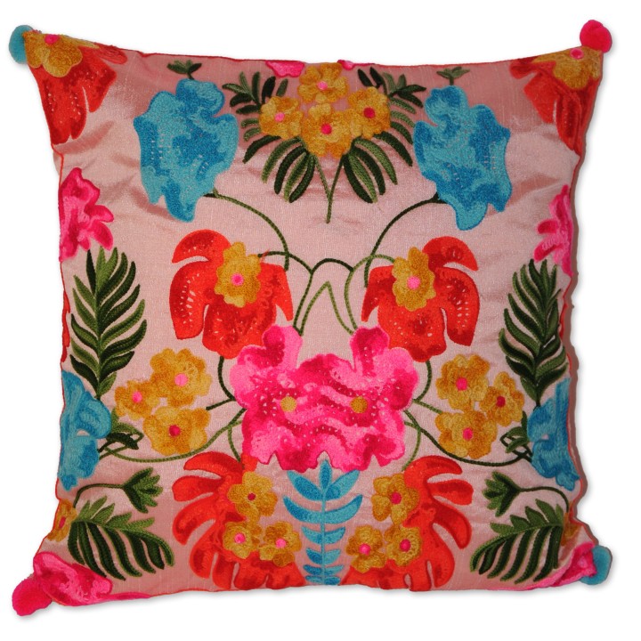 Kissenhülle, rosa, Vorderseite multicolor bestickt, 40 x 40 cm