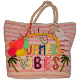 Shopper, Strandtasche, Textil, creme/pink multicolor bestickt