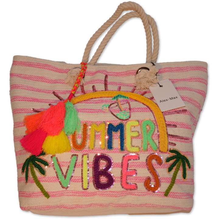 Shopper, Strandtasche, Textil, creme/pink multicolor bestickt