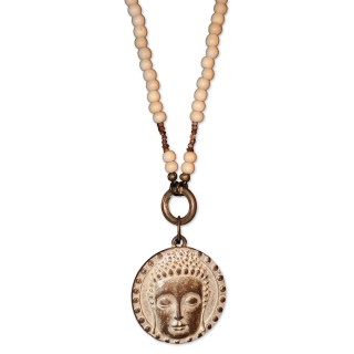 Kette, Wechselkette, lang, Holzperlen rosa, Amulett Buddha-Kopf gold, handmade by Schau Time