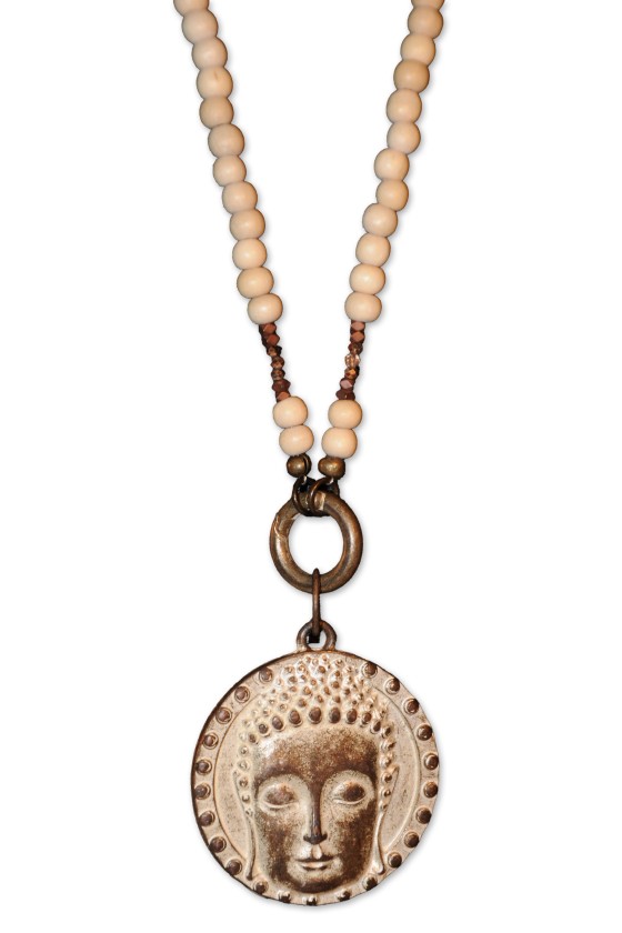 Kette, Wechselkette, lang, Holzperlen rosa, Amulett Buddha-Kopf gold, handmade by Schau Time