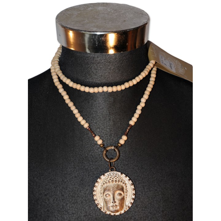 Kette, Wechselkette, lang, Holzperlen rosa, Amulett Buddha-Kopf gold, handmade by Schau Time