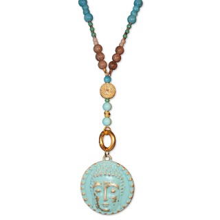 Kette, Wechselkette, lang, Edelsteine türkis/braun, Holzperlen beige, Amulett Buddha-Kopf türkis, handmade by Schau Time